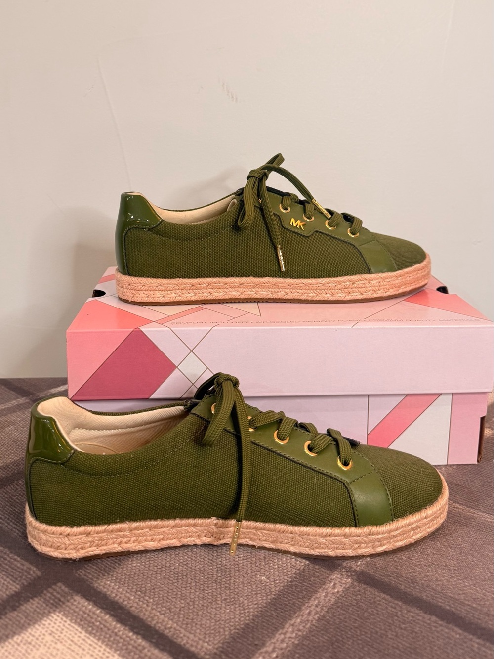 Michael Kors Olive Green Espadrille-Lace Sneakers with Gold Accents